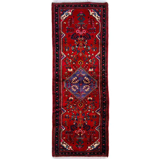 Hamadan Persian Rug 10'10" x 3'9" - Semi Antique Afshan Red, Blue Hand Knotted | front view | SKU 112202