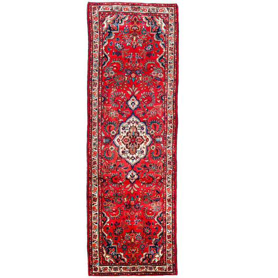 Hamadan Persian Rug 11'4" x 3'6" - Semi Antique Afshan Red, Blue Hand Knotted | front view | SKU 112204