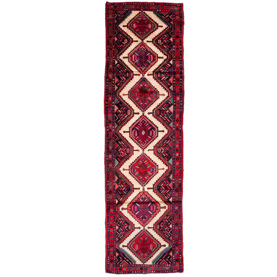 Hamadan Persian Rug 11'2" x 2'11" - Semi Antique Afshan Red, Blue Hand Knotted | front view | SKU 112206