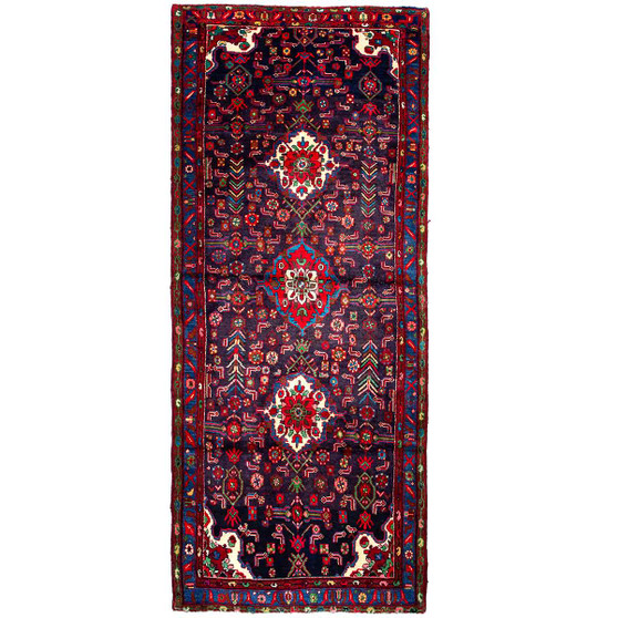 Hamadan Persian Rug 10x4 ft - Semi Antique Medallion Toranj, Herati Mahi Madder Red, Navy Blue, Cream Hand Knotted | front view | SKU 112207