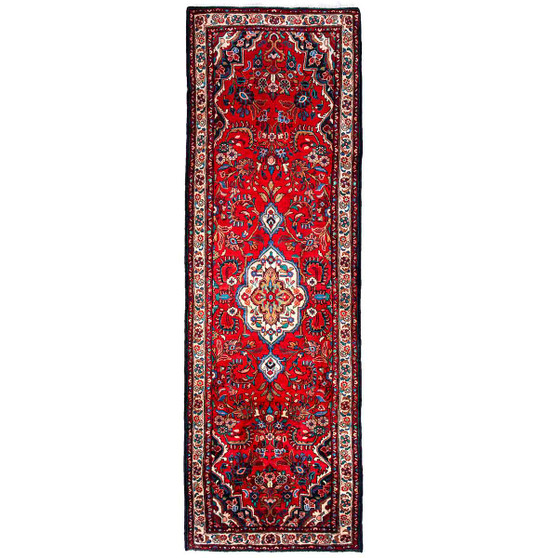 Hamadan Persian Rug 11x3 ft - Semi Antique Afshan Red, Blue Hand Knotted | front view | SKU 112209