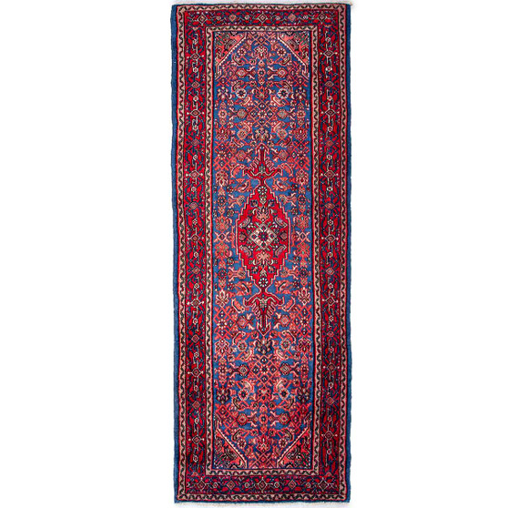 Hamadan Persian Rug 10'4" x 3'5" - Semi Antique Afshan Red, Blue Hand Knotted | front view | SKU 112210