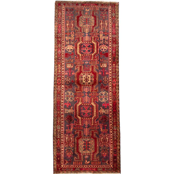 Meshkin Persian Rug 10'10" x 3'9" - Semi Antique Medallion Geometric Madder Red, Navy Blue, Cream Hand Knotted | front view | SKU 110029
