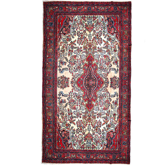 Hamadan Persian Rug 16x8 ft - Semi Antique Medallion Afshan Cream, Madder Red, Navy Blue Hand Knotted | front view | SKU 112215