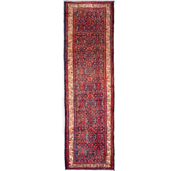 Arak Persian Rug 13x3 ft - Semi Antique Herati (Mahi), Afshan (All-Over) Crimson, Navy Blue, Cream Hand Knotted | front view | SKU 112217