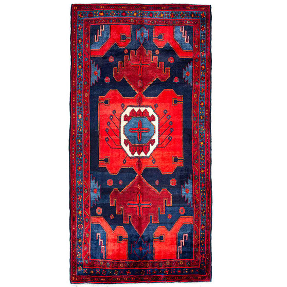 Bijar Persian Rug 10'4" x 5'1" - Semi Antique Medallion Crimson, Navy Blue Hand Knotted | front view | SKU 112218