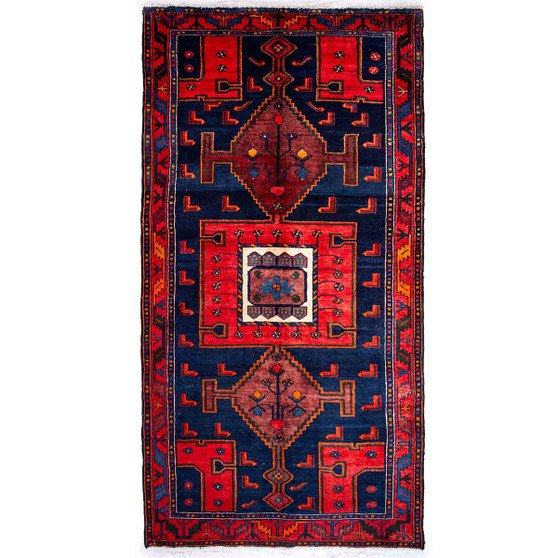 Bijar Persian Rug 9x4 ft - Semi Antique Medallion Crimson, Navy Blue Hand Knotted | front view | SKU 112220