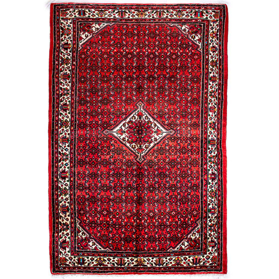 Hosseinabad Persian Rug 10x6 ft - Semi Antique Medallion Crimson, Ivory Hand Knotted | front view | SKU 112222