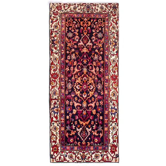 Arak Persian Rug 9x3 ft - Semi Antique Herati (Mahi), Medallion (Toranj) Dark Red, Navy Blue, Crimson Hand Knotted | front view | SKU 112224