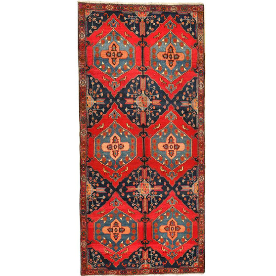 Ardabil Persian Rug 10x4 ft - Semi Antique Geometric, Diamond Lattice Red, Navy Blue, Turquoise Hand Knotted | front view | SKU 110030