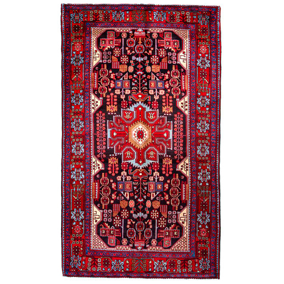 Nahavand Persian Rug 9'10" x 5'7" - Semi Antique Medallion Navy Blue, Red Hand Knotted | front view | SKU 112225