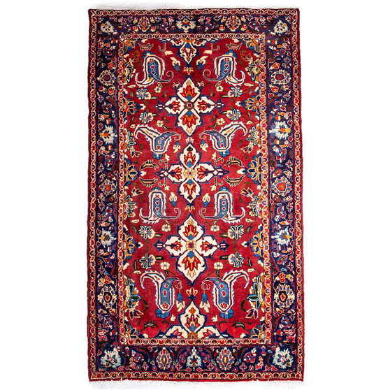 Bakhtiari Persian Rug 9x5 ft - Semi Antique Medallion (Toranj), Shah Abbasi Madder Red, Navy Blue, Ivory Hand Knotted | front view | SKU 112227