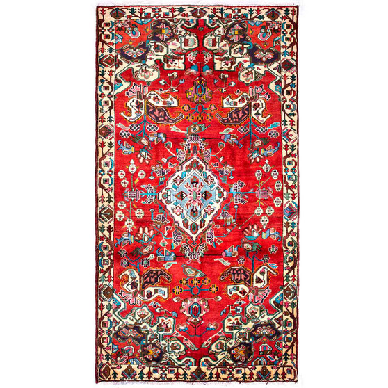 Bakhtiari Persian Rug 9x4 ft - Semi Antique Medallion (Toranj), Geometric Madder Red, Cream, Navy Blue Hand Knotted | front view | SKU 112229