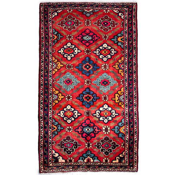 Bakhtiari Persian Rug 9x5 ft - Semi Antique Diamond Lattice, Geometric Crimson, Navy Blue, Cream Hand Knotted | front view | SKU 112230