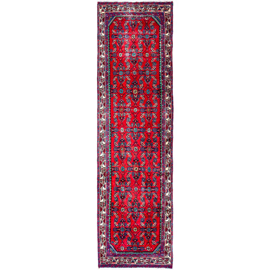 Hamadan Persian Rug 11'4" x 3'1" - Semi Antique Afshan Red, Blue Hand Knotted | front view | SKU 112231