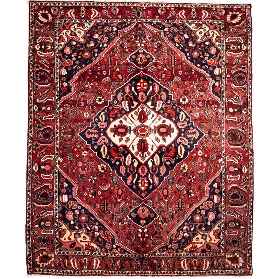Bakhtiari Persian Rug 9'8" x 7'5" - Semi Antique Medallion Blue, Crimson Hand Knotted | front view | SKU 112234