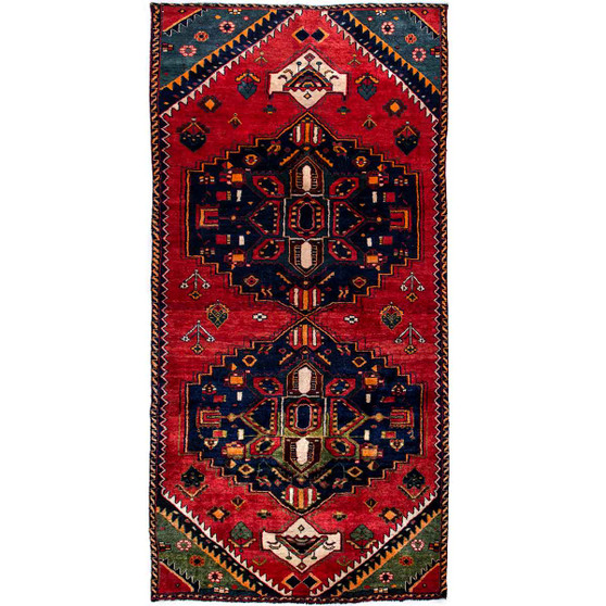 Bakhtiari Persian Rug 9'7" x 4'6" - Semi Antique Medallion Blue, Crimson Hand Knotted | front view | SKU 112235