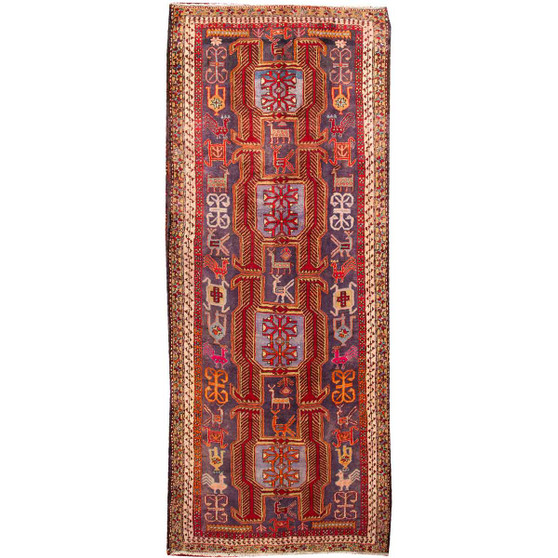 Ardabil Persian Rug 9x4 ft - New Medallion (Toranj), Geometric Madder Red, Navy Blue, Cream Hand Knotted | front view | SKU 110031