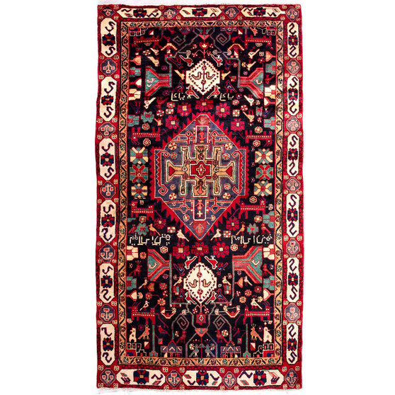 Nahavand Persian Rug 9'7" x 4'11" - Semi Antique Medallion Navy Blue, Red Hand Knotted | front view | SKU 112236