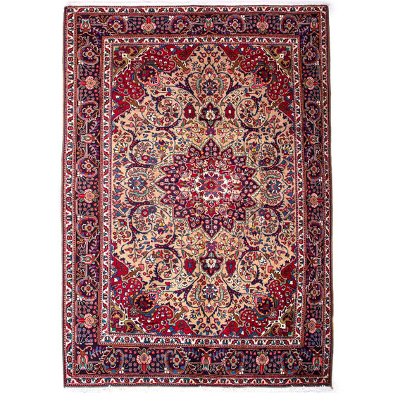 Tabriz Persian Rug 9'8" x 6'7" - Semi Antique Medallion Red, Cream Hand Knotted | front view | SKU 112246