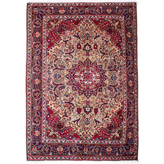 Tabriz Persian Rug 9'9" x 6'5" - Semi Antique Medallion Red, Cream Hand Knotted | front view | SKU 112247