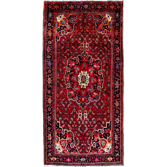 Bijar Persian Rug 10'10" x 5'1" - Semi Antique Medallion Crimson, Navy Blue Hand Knotted | front view | SKU 112249