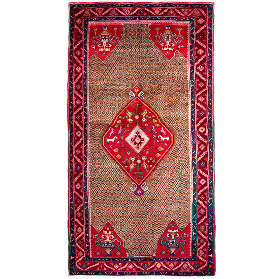 Songhor Persian Rug 10'2" x 5'3" - Semi Antique Geometric Red, Blue Hand Knotted | front view | SKU 112251