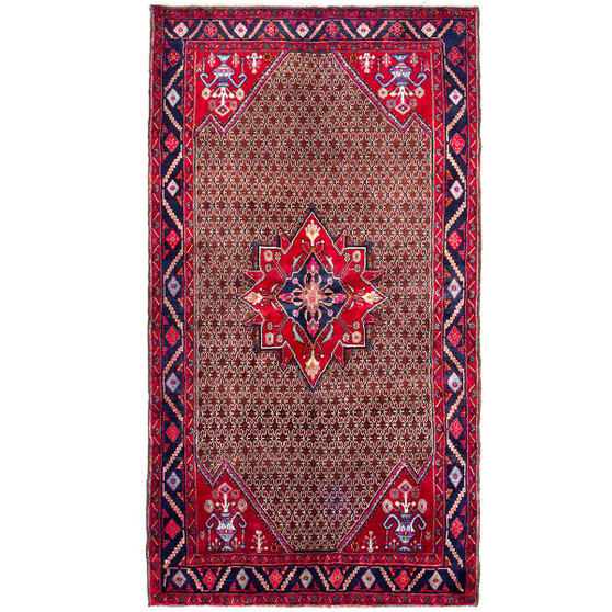 Songhor Persian Rug 10'10" x 5'7" - Semi Antique Geometric Red, Blue Hand Knotted | front view | SKU 112252