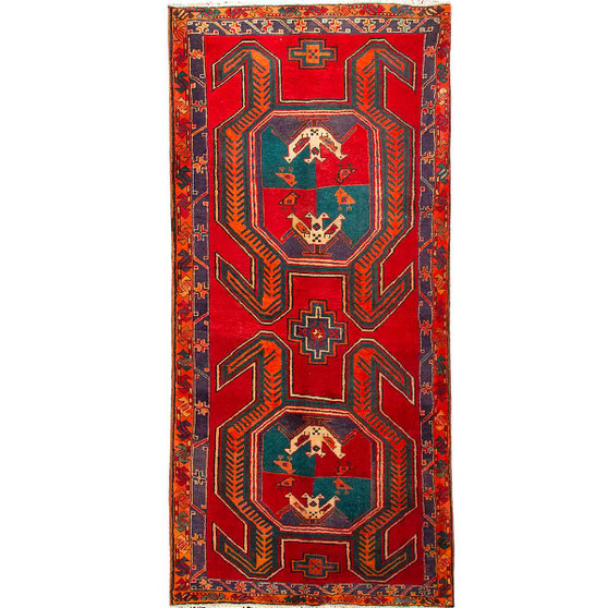 Ardabil Persian Rug 10'3" x 4'4" - New Medallion (Toranj), Geometric Red, Navy Blue, Turquoise Hand Knotted | front view | SKU 110032