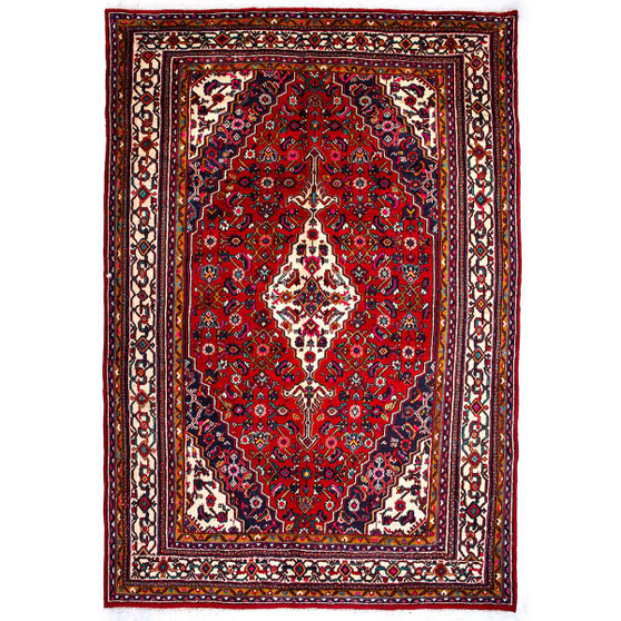 Hamadan Persian Rug 10x6 ft - Semi Antique Afshan Red, Blue Hand Knotted | front view | SKU 112256