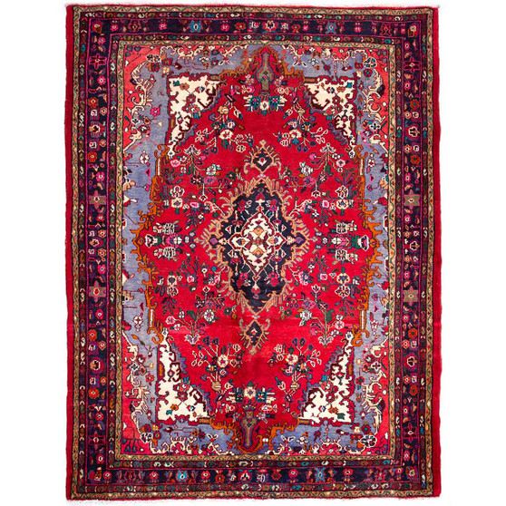 Hamadan Persian Rug 9x6 ft - Semi Antique Medallion (Toranj), Herati (Mahi) Madder Red, Navy Blue, Ivory Hand Knotted | front view | SKU 112261
