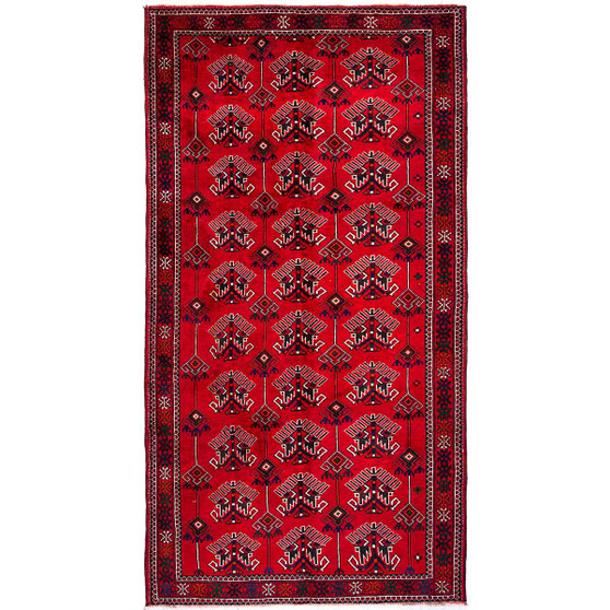 Quchan Persian Rug 9x4 ft - Semi Antique Medallion Red, Blue Hand Knotted | front view | SKU 112265