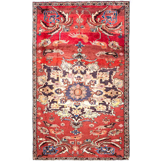 Bakhtiari Persian Rug 9x5 ft - Semi Antique Medallion (Toranj), Shah Abbasi Crimson, Navy Blue, Cream Hand Knotted | front view | SKU 112267