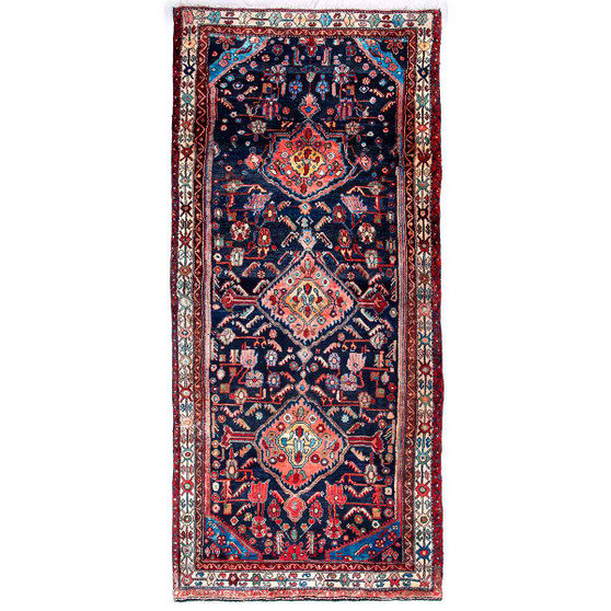 Hamadan Persian Rug 9'4" x 4'1" - Semi Antique Afshan Red, Blue Hand Knotted | front view | SKU 112268
