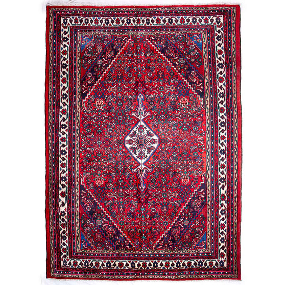 Hamadan Persian Rug 10'12" x 7'3" - Semi Antique Afshan Red, Blue Hand Knotted | front view | SKU 112273