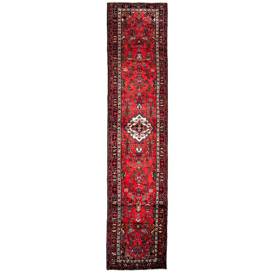 Hamadan Persian Rug 17'5" x 3'7" - Semi Antique Afshan Red, Blue Hand Knotted | front view | SKU 112276