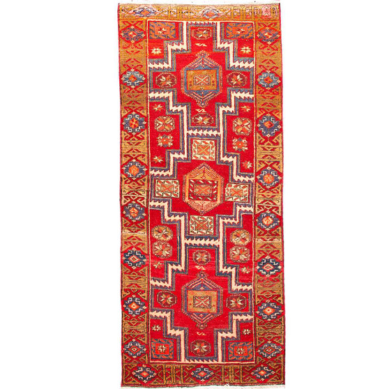 Ardabil Persian Rug 7'10" x 2'11" - 25-40 Years Medallion Geometric Red, Gold, Navy Blue Hand Knotted | front view | SKU 110034