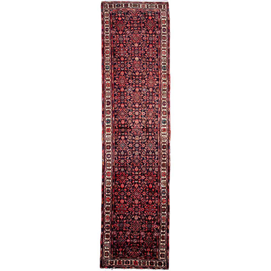 Hamadan Persian Rug 12'8" x 2'11" - Semi Antique Afshan Red, Blue Hand Knotted | front view | SKU 112279