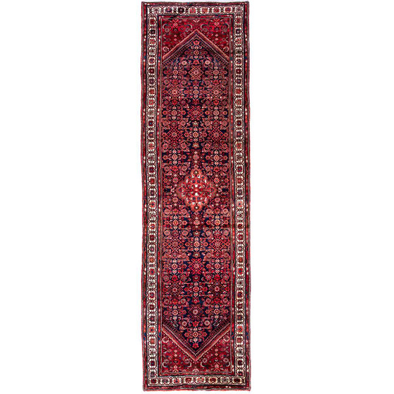 Hosseinabad Persian Rug 13x3 ft - Semi Antique Medallion Crimson, Ivory Hand Knotted | front view | SKU 112280