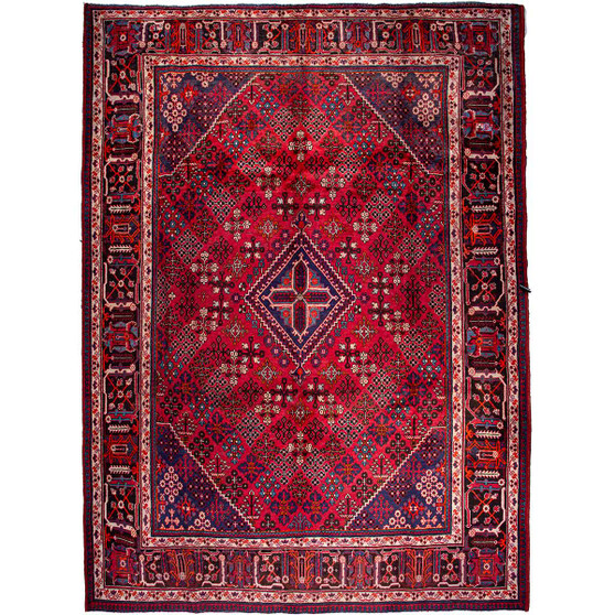 Josheghan Persian Rug 13x9 ft - Semi Antique Geometric Crimson, Navy Blue Hand Knotted | front view | SKU 112281
