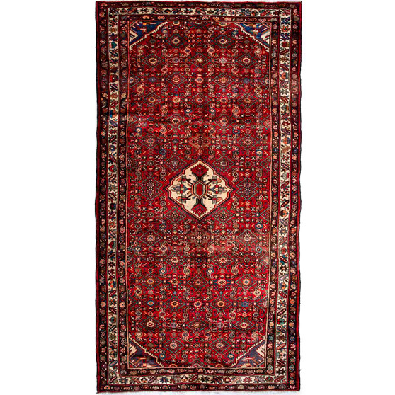 Hosseinabad Persian Rug 11'2" x 5'9" - Semi Antique Medallion Crimson, Ivory Hand Knotted | front view | SKU 112283