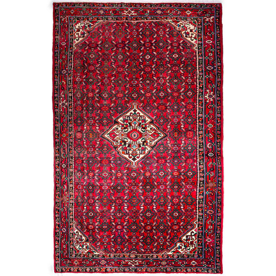 Hosseinabad Persian Rug 10'10" x 7'1" - Semi Antique Medallion Crimson, Ivory Hand Knotted | front view | SKU 112287