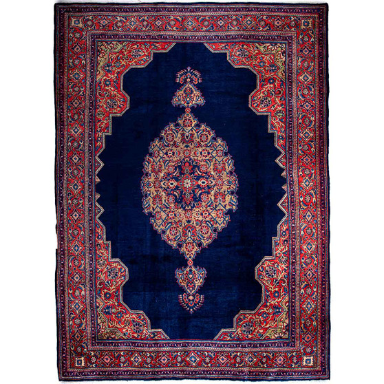 Hamadan Persian Rug 13'5" x 10'0" - Semi Antique Afshan Red, Blue Hand Knotted | front view | SKU 112290