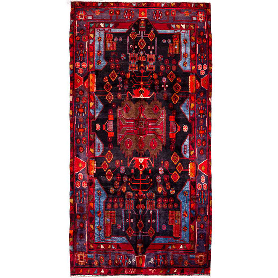 Nahavand Persian Rug 9x4 ft - Semi Antique Medallion (Toranj), Geometric Dark Red, Madder Red, Navy Blue Hand Knotted | front view | SKU 112293