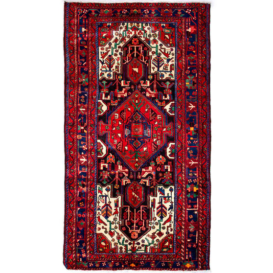 Nahavand Persian Rug 9x5 ft - Semi Antique Medallion Navy Blue, Red Hand Knotted | front view | SKU 112295