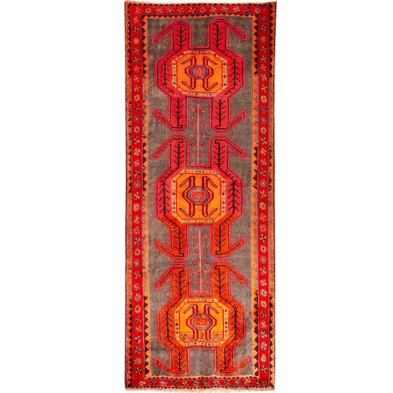 Ardabil Persian Rug 10x4 ft - Semi Antique Medallion (Toranj), Geometric Red, Orange, Brown Hand Knotted | front view | SKU 110036