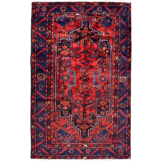 Zanjan Persian Rug 7'3" x 4'7" - Semi Antique Medallion Navy Blue, Crimson Hand Knotted | front view | SKU 112302
