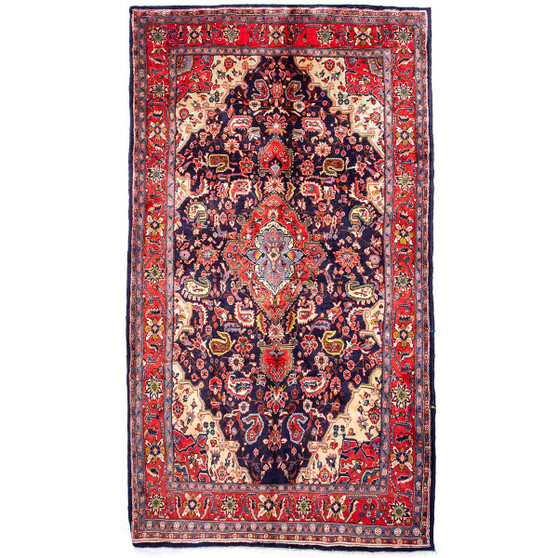 Songhor Persian Rug 9x4 ft - Semi Antique Geometric Red, Blue Hand Knotted | front view | SKU 112307