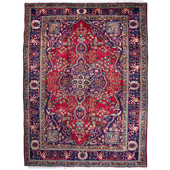 Tabriz Persian Rug 9x6 ft - Semi Antique Medallion Red, Cream Hand Knotted | front view | SKU 112309