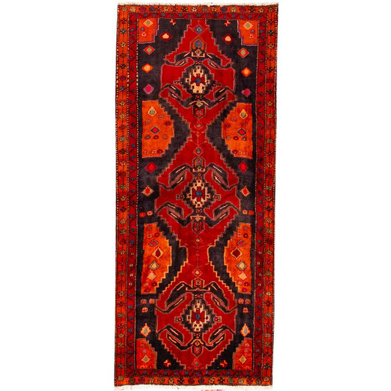 Meshkin Persian Rug 9x4 ft - Semi Antique Geometric Crimson, Green Hand Knotted | front view | SKU 110038